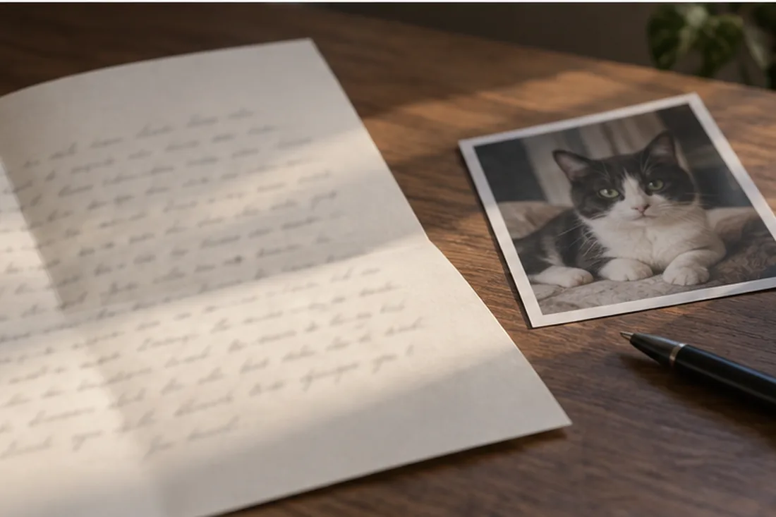 Una carta escrita a mano sobre una mesa junto a la fotografía de una mascota