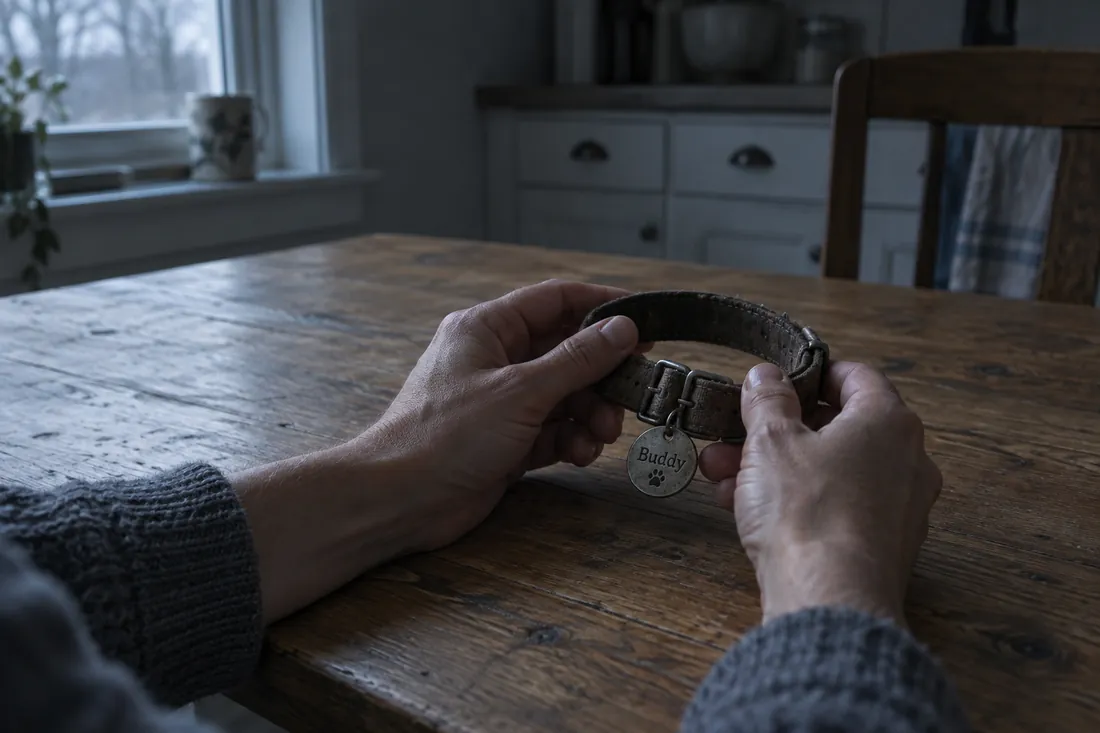 Dos manos sostienen sobre una mesa de madera el collar de una mascota con su placa
