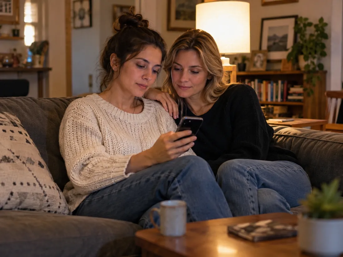 Dos mujeres sentadas juntas en un sofá miran un celular, una con la mano en el hombro de la otra
